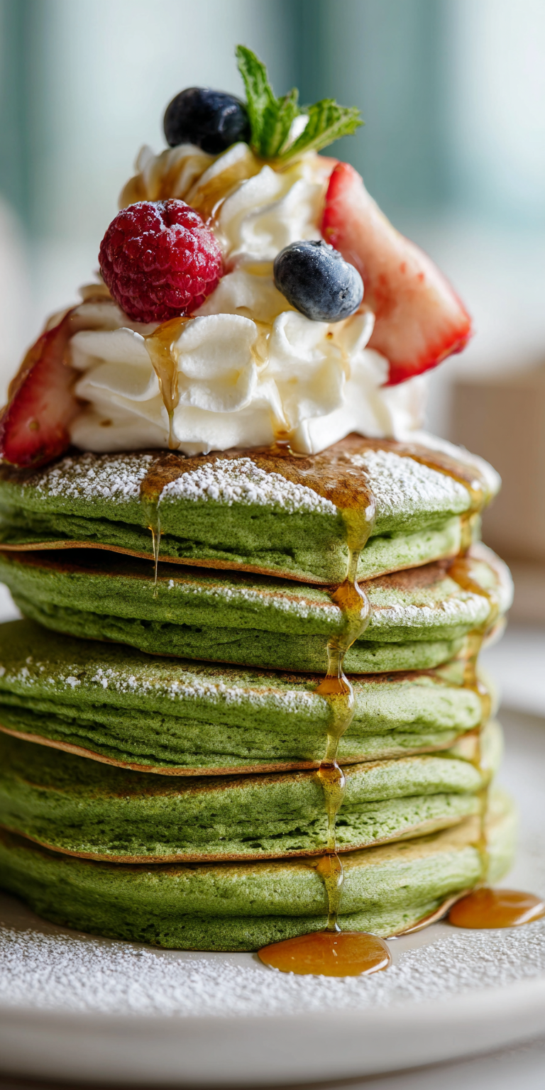 Stack of Matcha Green Tea Velvet Pancakes with a vibrant green hue on a plate