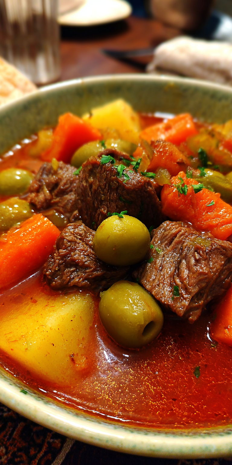 Close-up of raw beef, olives, and spices for Mediterranean Olive Beef Stew preparation