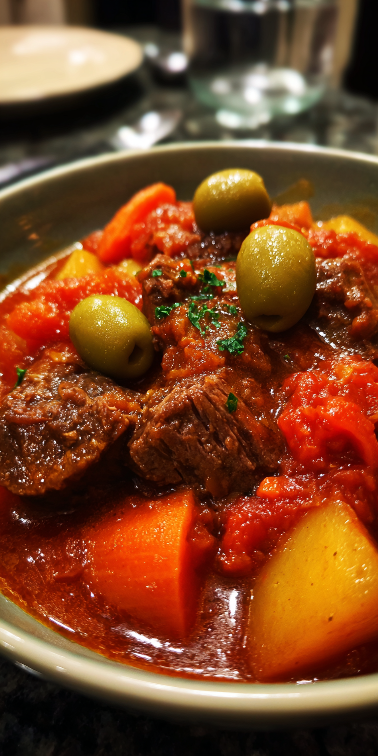 A hearty bowl of Mediterranean Olive Beef Stew with tender beef and briny olives