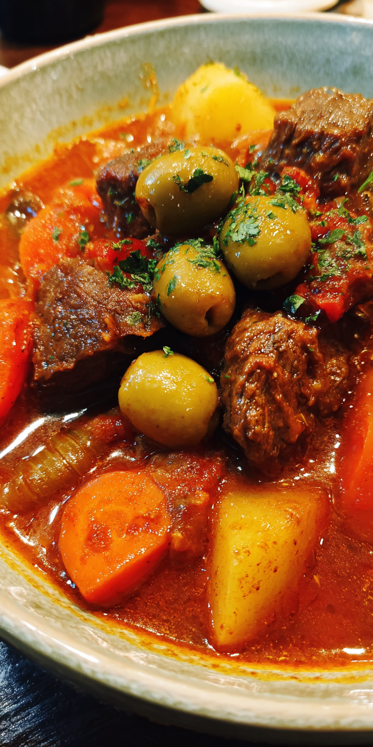A hearty bowl of Mediterranean Olive Beef Stew with tender beef and olives