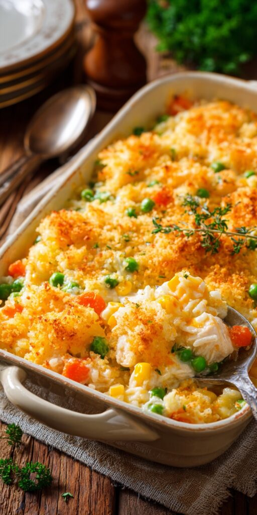 Overhead view of baked chicken and rice casserole with bubbly cheese and browned breadcrumbs in a 9x13 dish