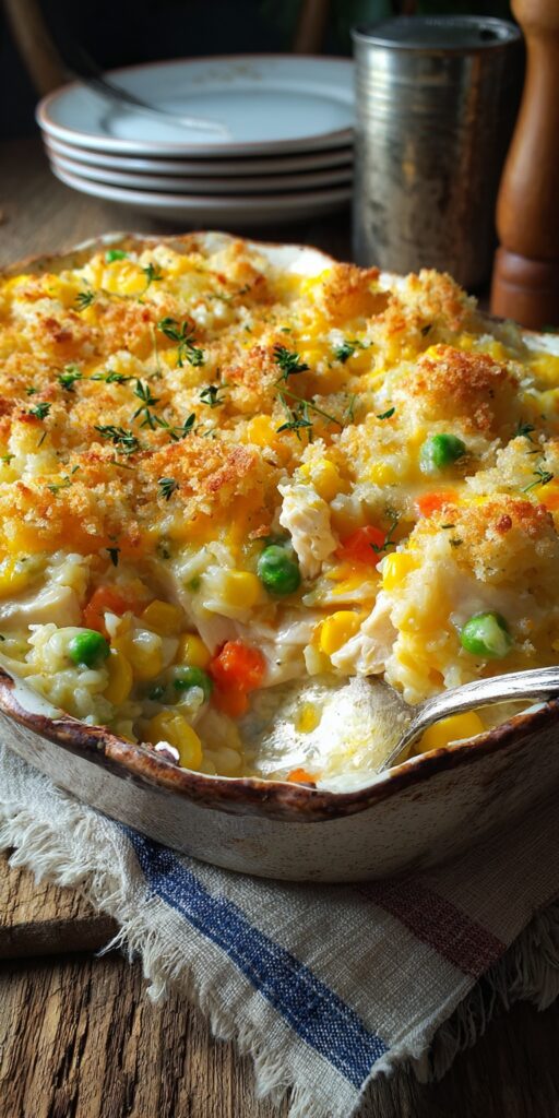 Close-up of creamy chicken and rice with melted cheddar strands and tender vegetables