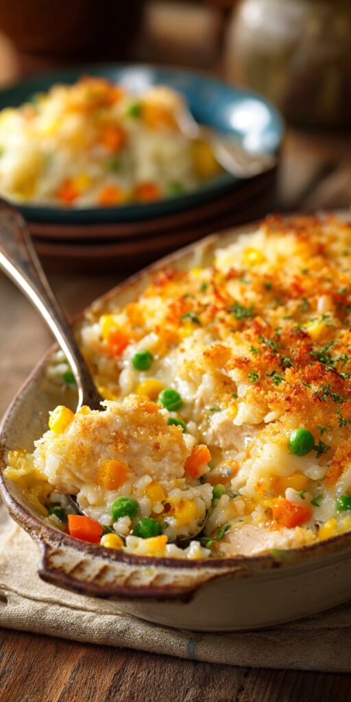 Slice of chicken and rice casserole being lifted from the pan, showing creamy layers and cheese pull