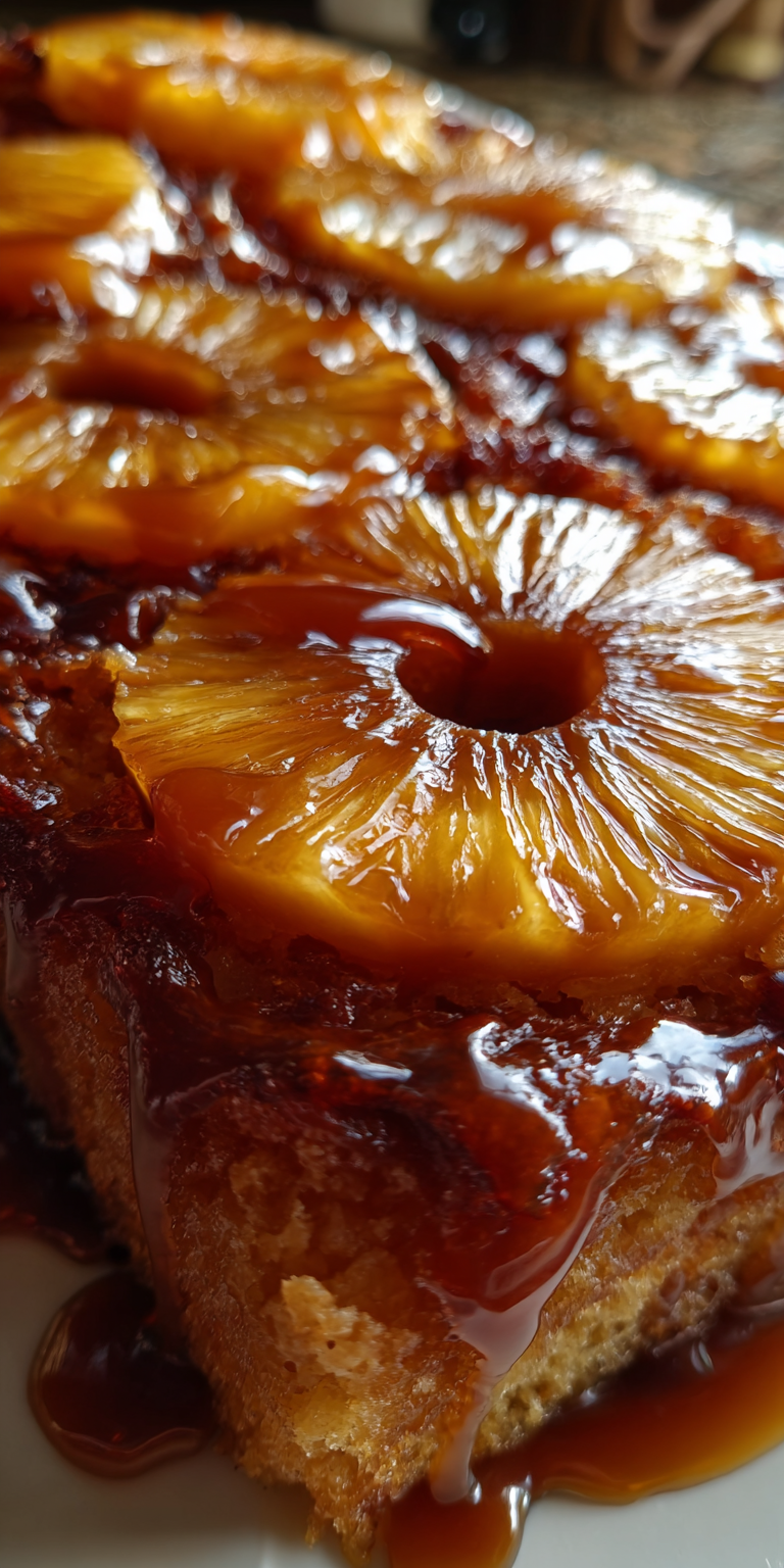 Slice of Pineapple Upside-Down Banana Cake Bread with caramelized topping