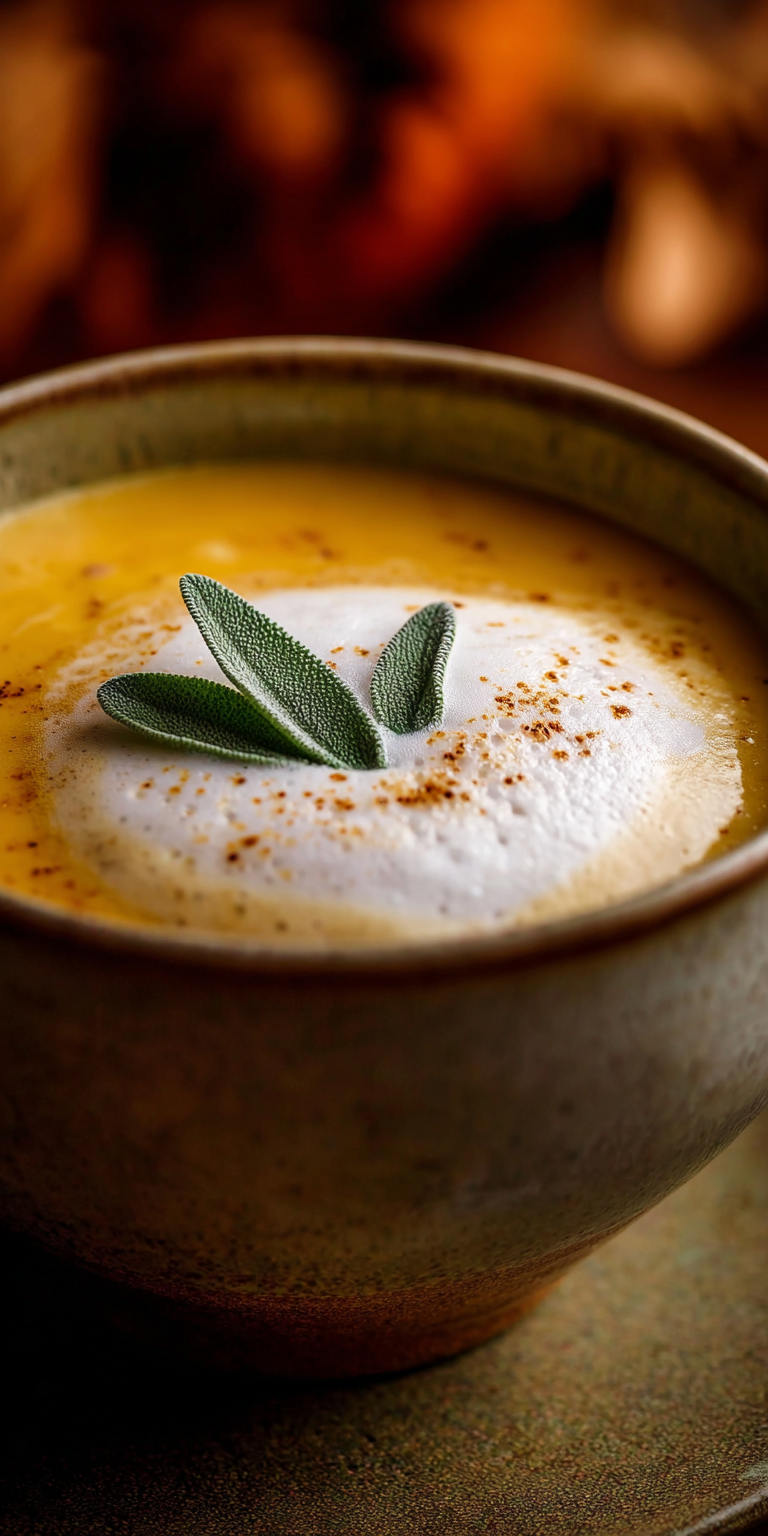 A bowl of creamy Pumpkin Sage Cappuccino Soup with a frothy top