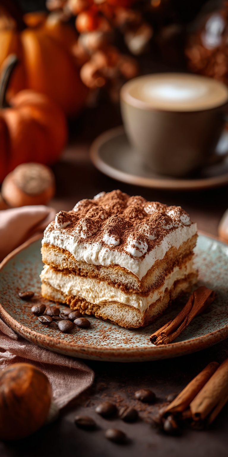 A slice of Pumpkin Spice Latte Tiramisu on a plate with coffee in the background