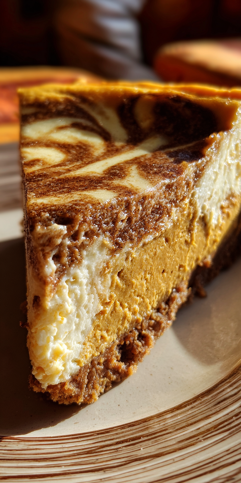 A slice of Pumpkin Swirl Gingersnap Cheesecake with a spiced crust and creamy texture