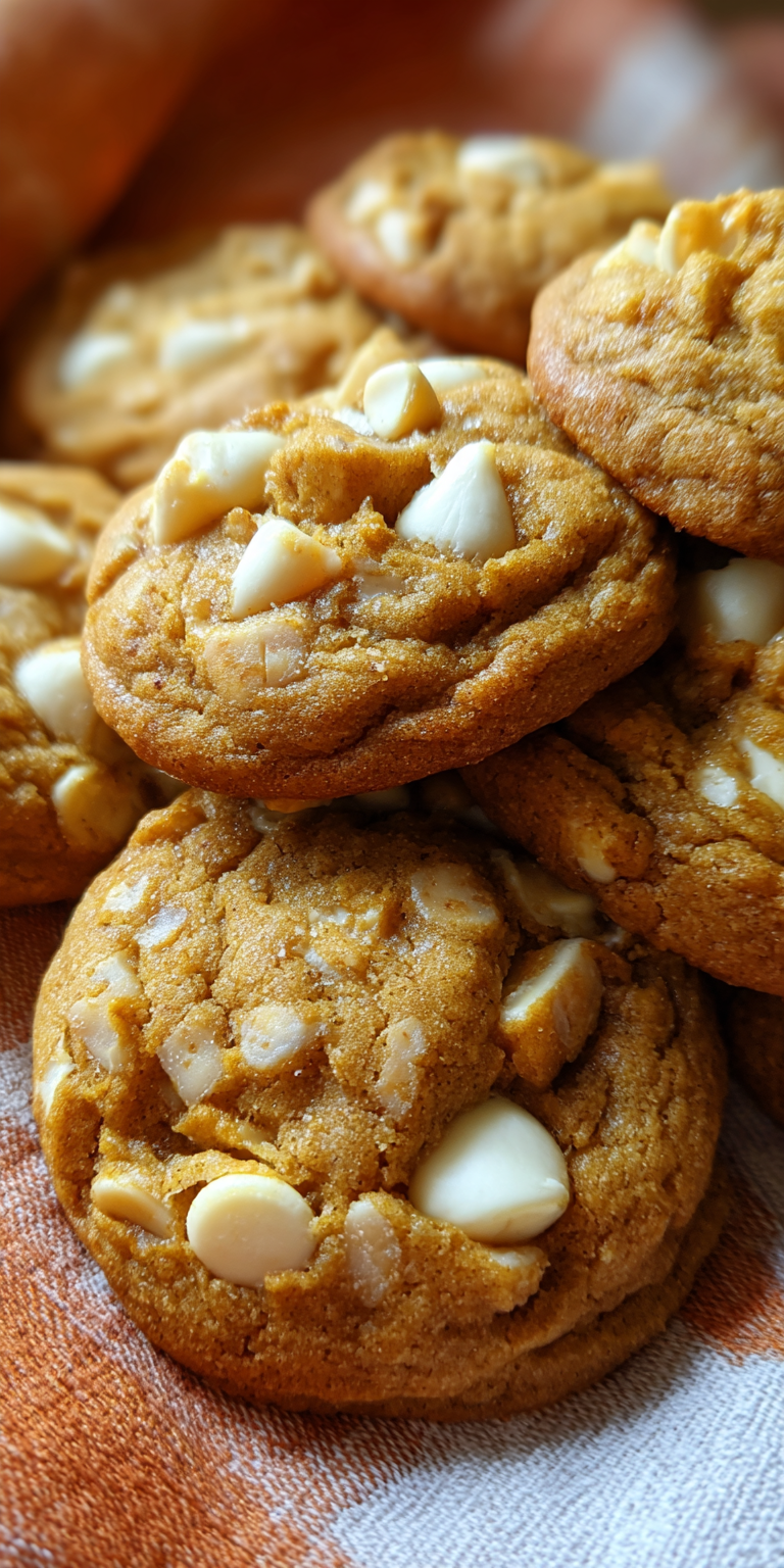 Freshly baked pumpkin white chocolate chip cookies on a cooling rack