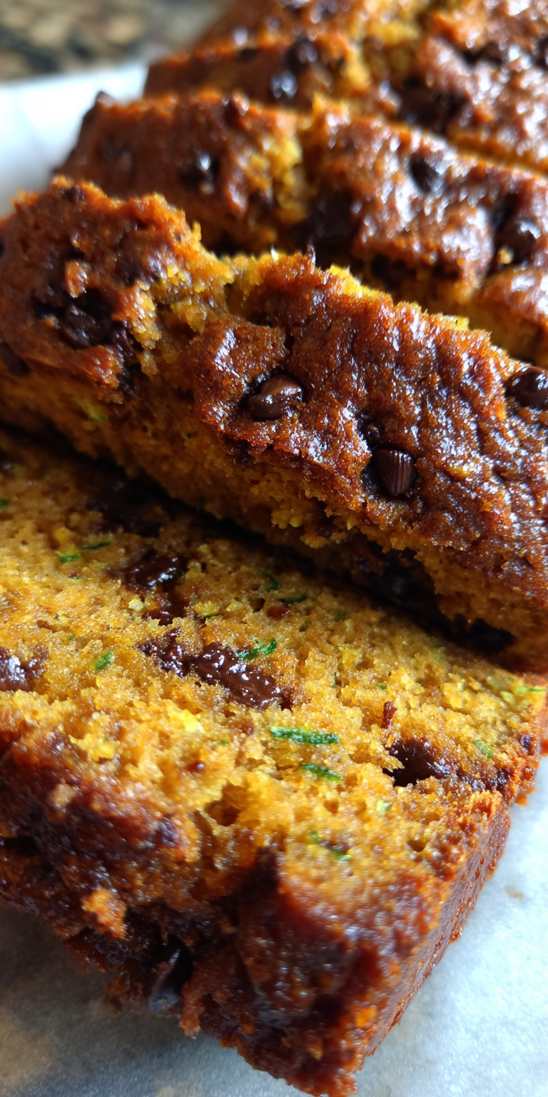 Slice of Pumpkin Zucchini Chocolate Chip Bread with a tender crumb