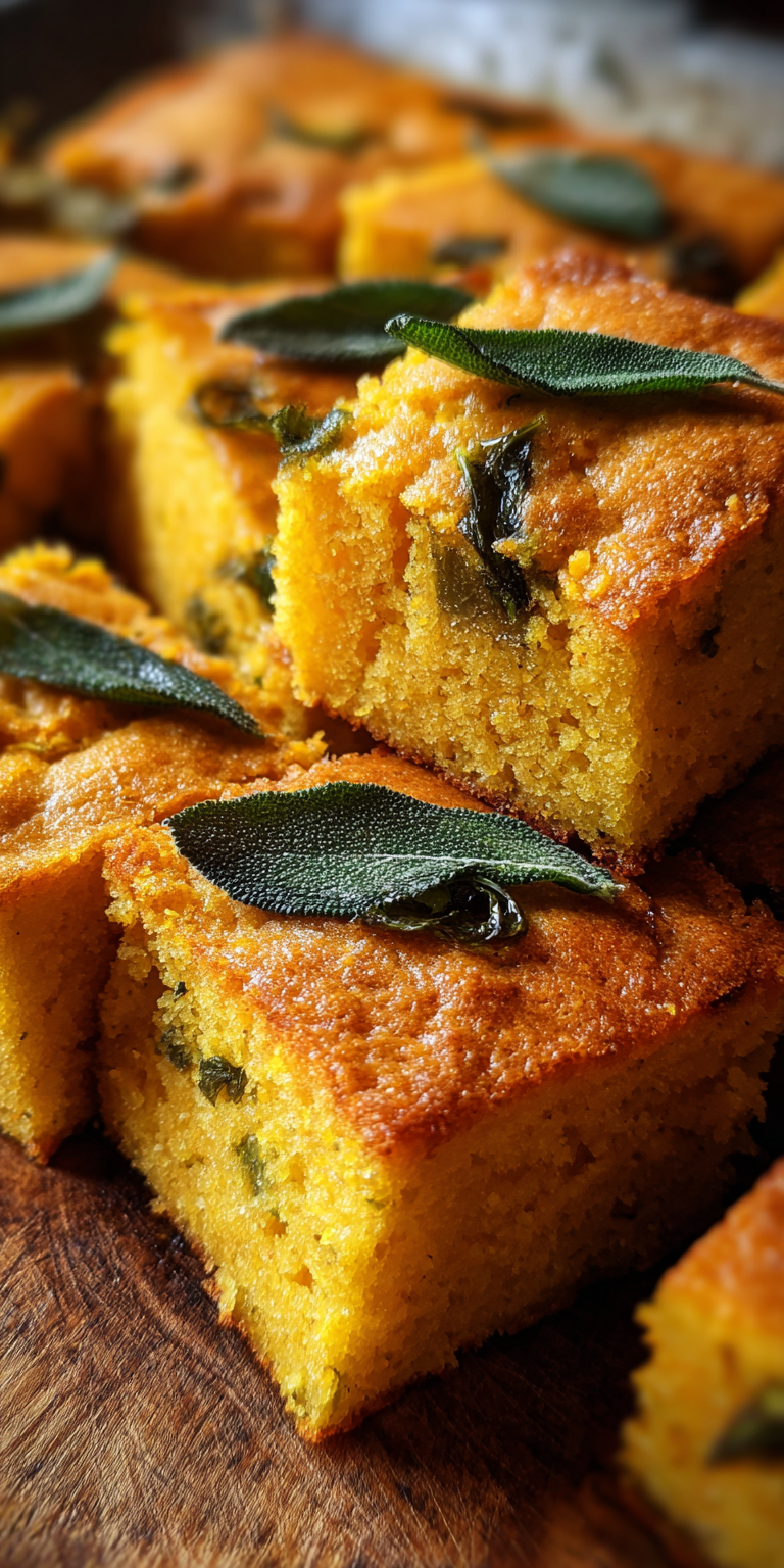 A slice of Savory Pumpkin Sage Cornbread with a golden crust and buttery finish