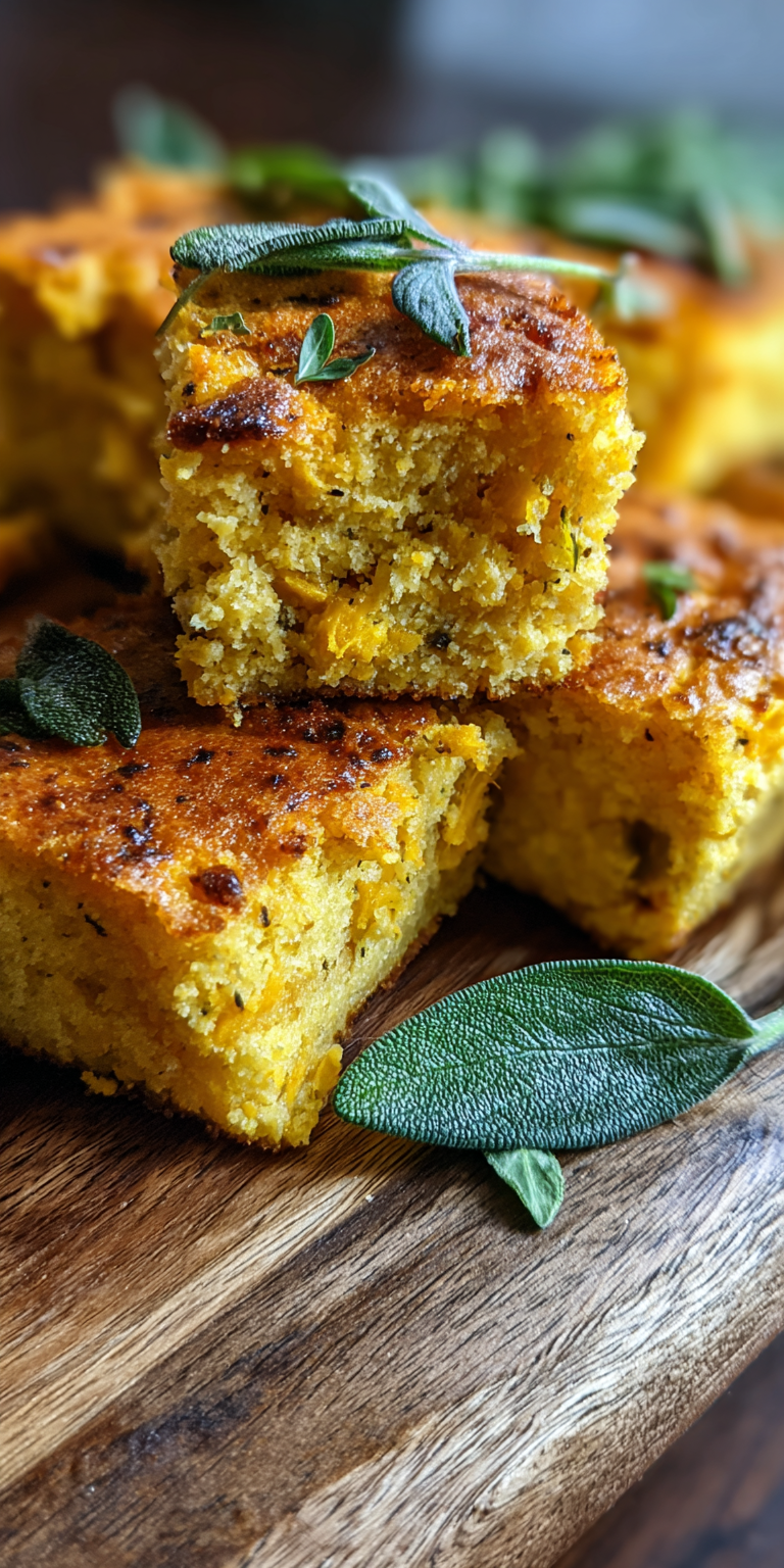 A slice of Savory Pumpkin Sage Cornbread on a rustic plate