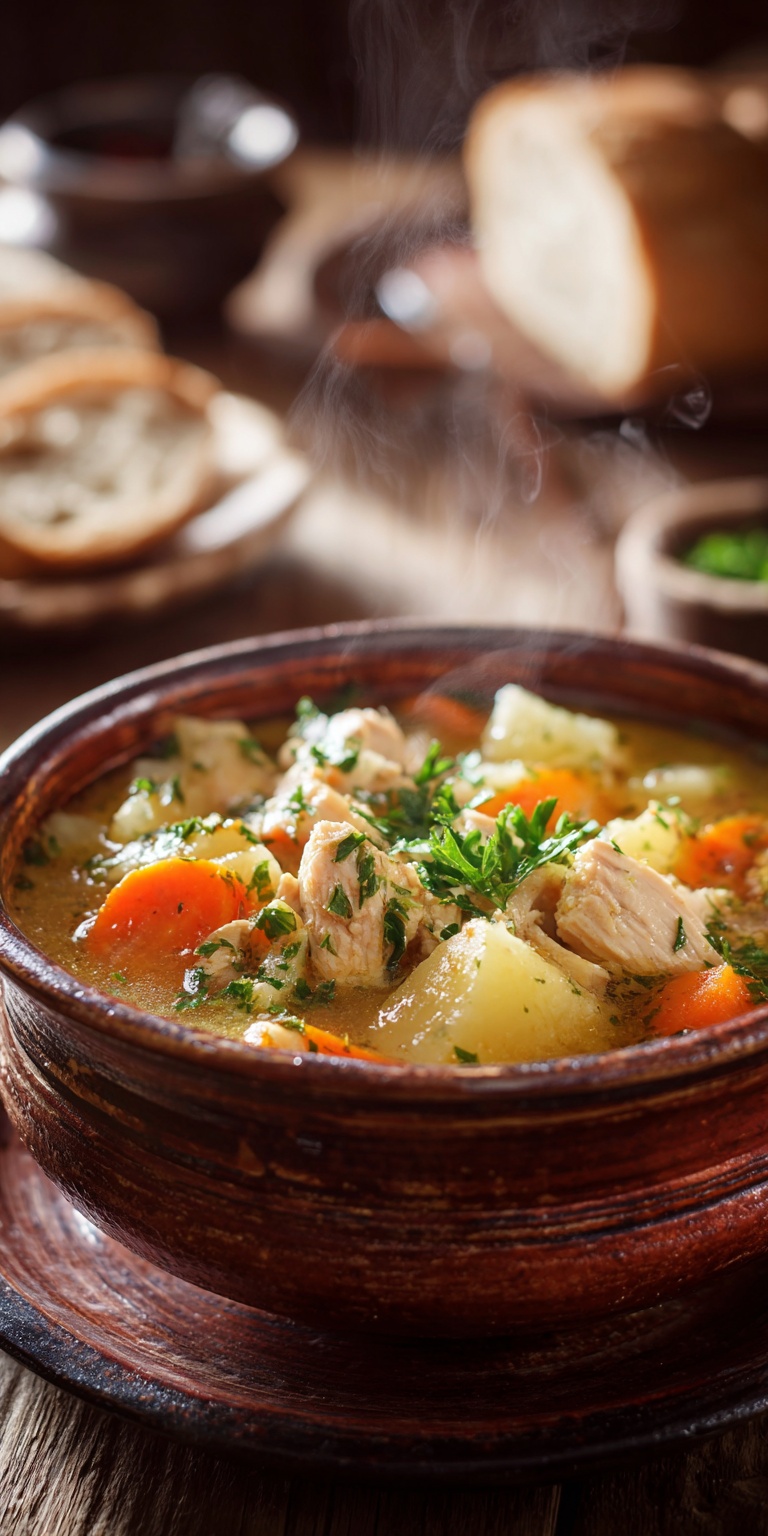 A bowl of slow cooker chicken stew with tender chicken and vibrant vegetables