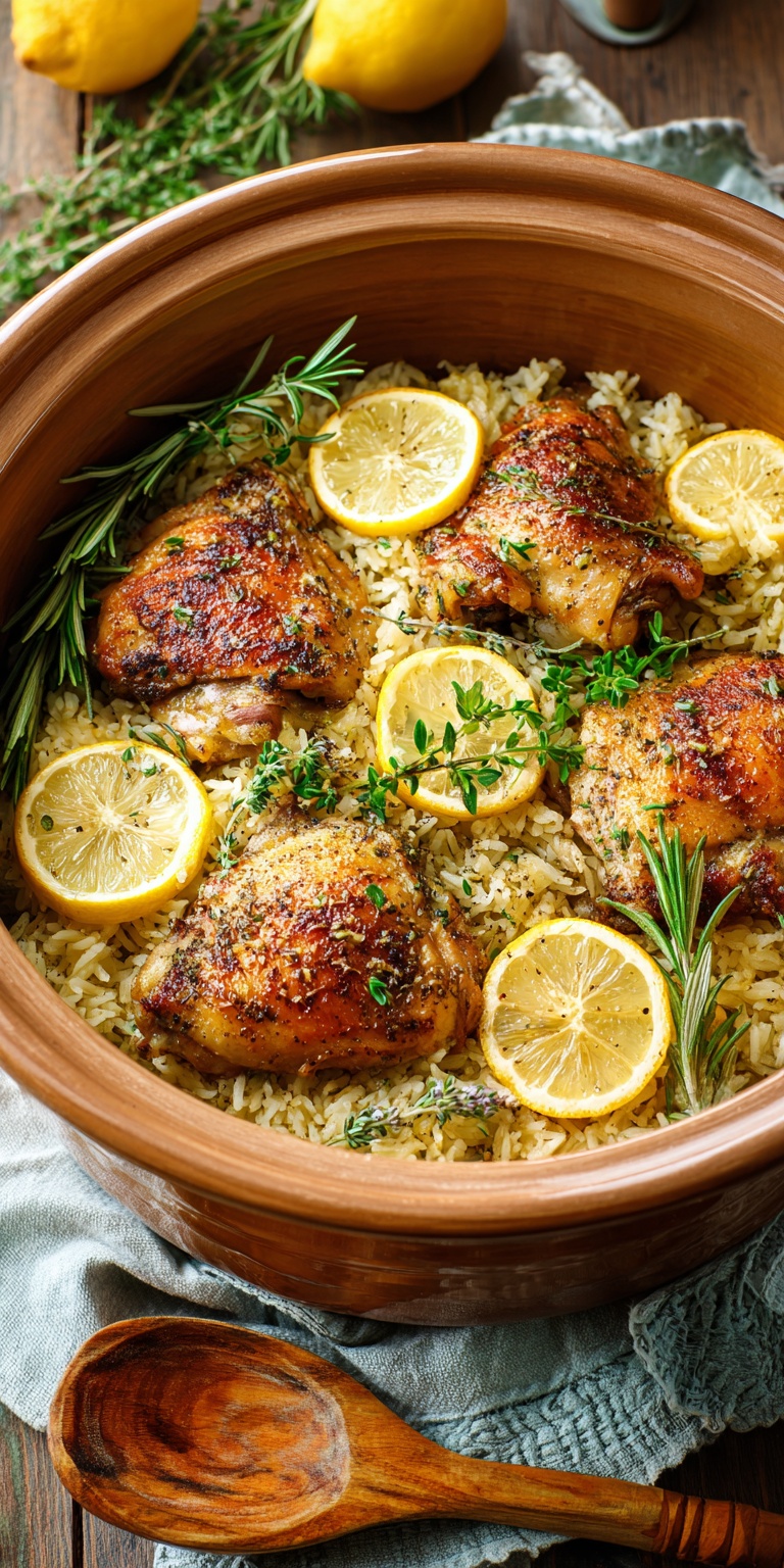 Slow Cooker Lemon Herb Chicken and Rice in a bowl, ready to enjoy