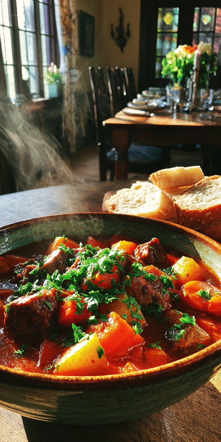 A bowl of smoky chipotle beef stew with tender beef and vegetables