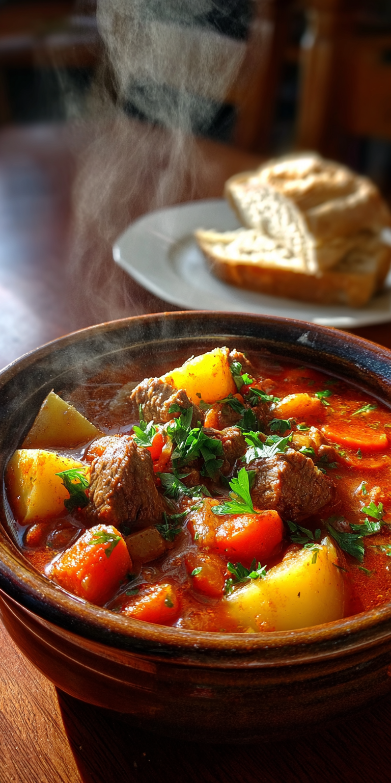 A bowl of smoky chipotle beef stew with tender beef and vegetables