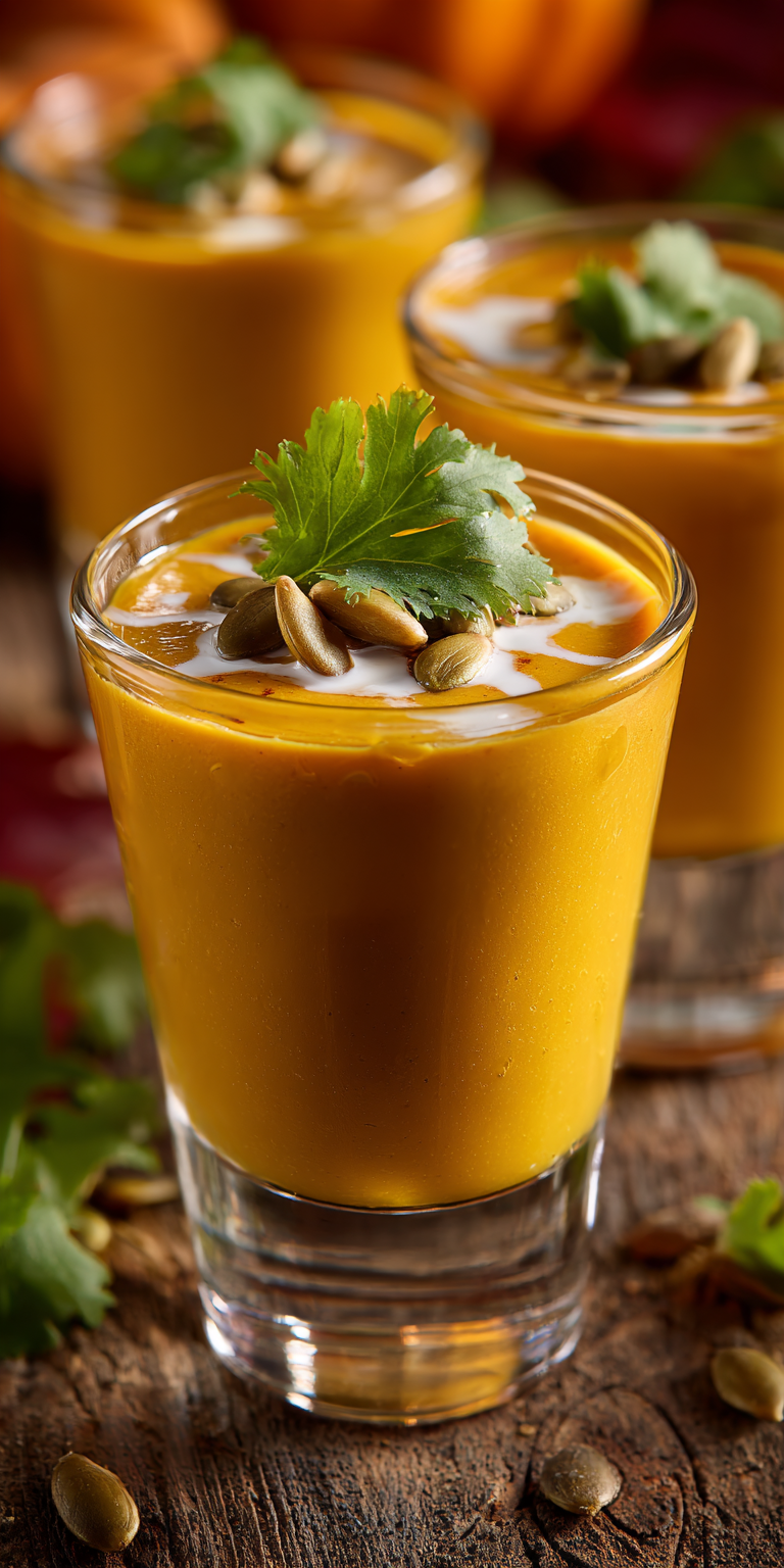 Smoky Chipotle Pumpkin Soup Shooters served warm with cozy spices