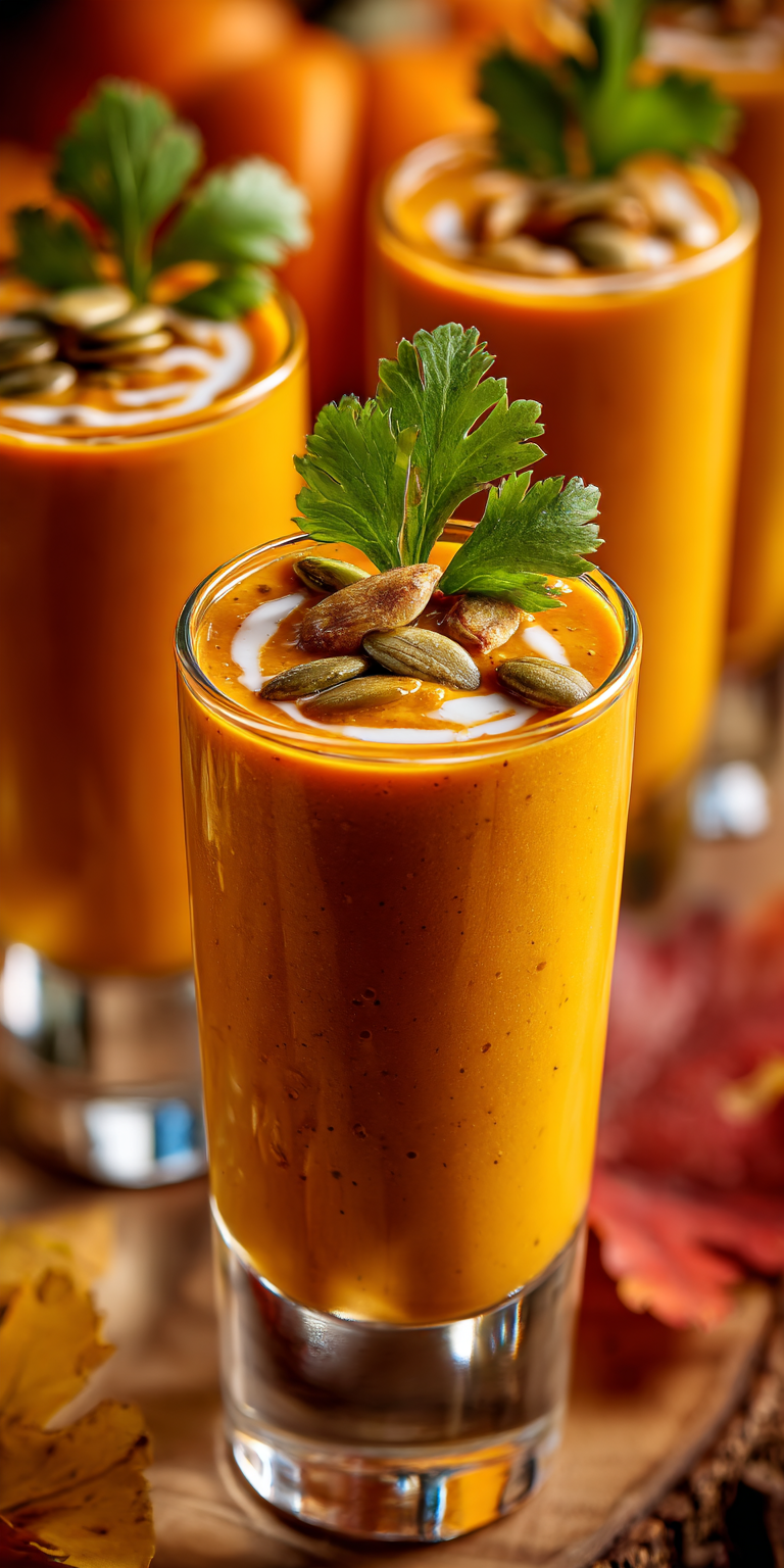 Smoky Chipotle Pumpkin Soup Shooters served warm with cozy spices