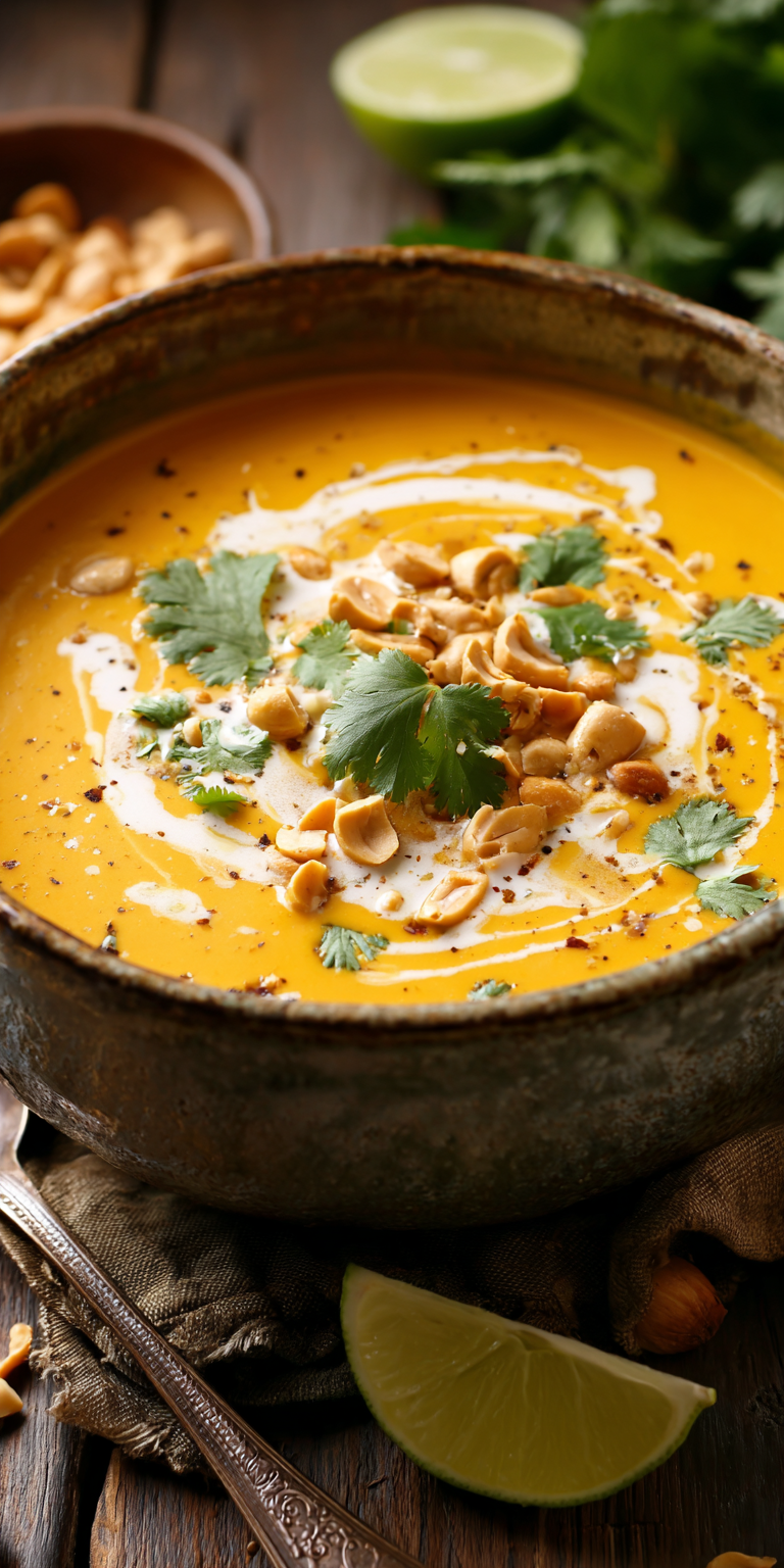 Thai Ginger Pumpkin Coconut Soup served warm with cozy spices