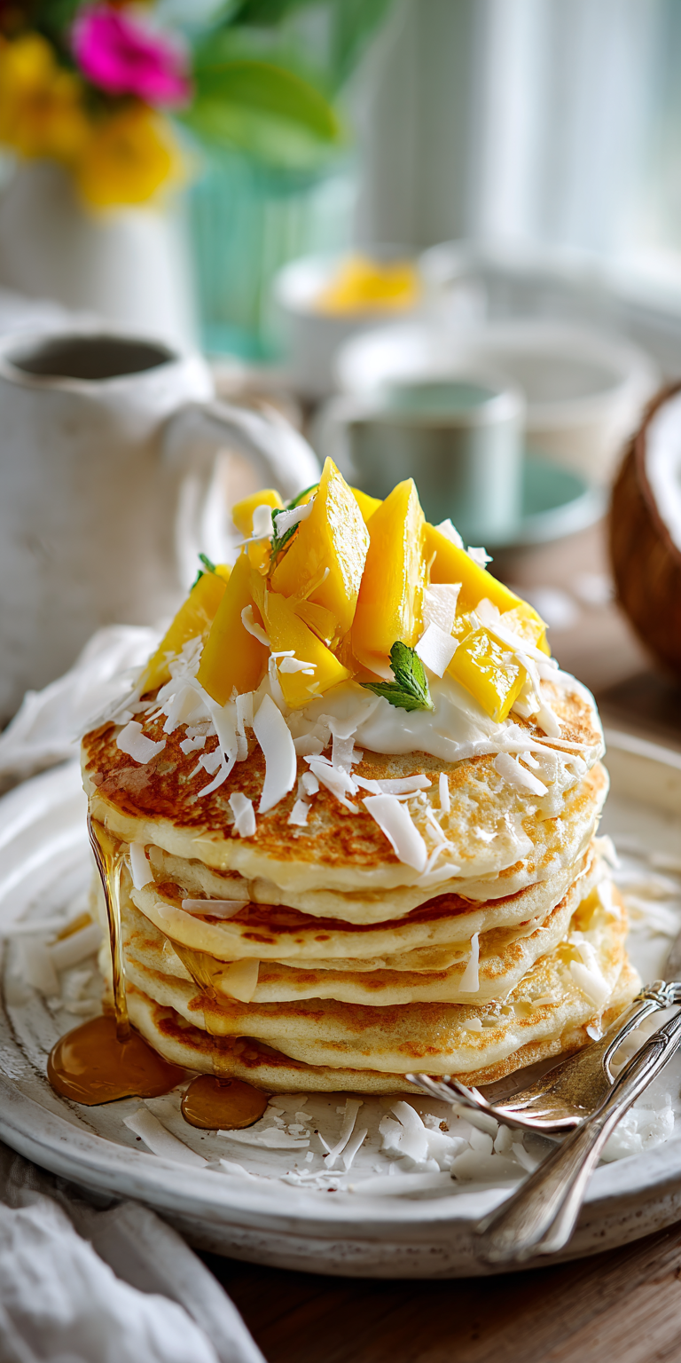 A vibrant display of ingredients for Tropical Coconut Cloud Pancakes, ready to be transformed into a fluffy breakfast treat