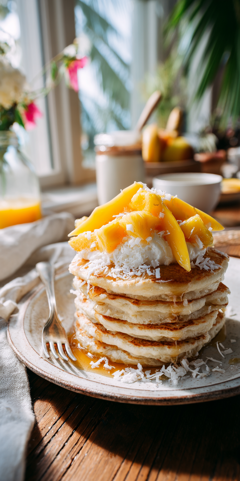 A stack of fluffy Tropical Coconut Cloud Pancakes with a tropical vibe