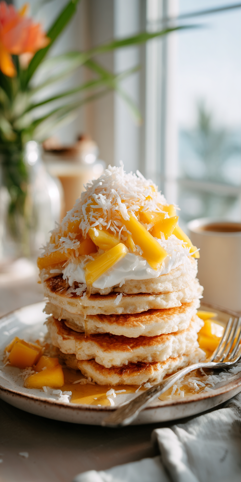 A stack of fluffy Tropical Coconut Cloud Pancakes with a tropical vibe