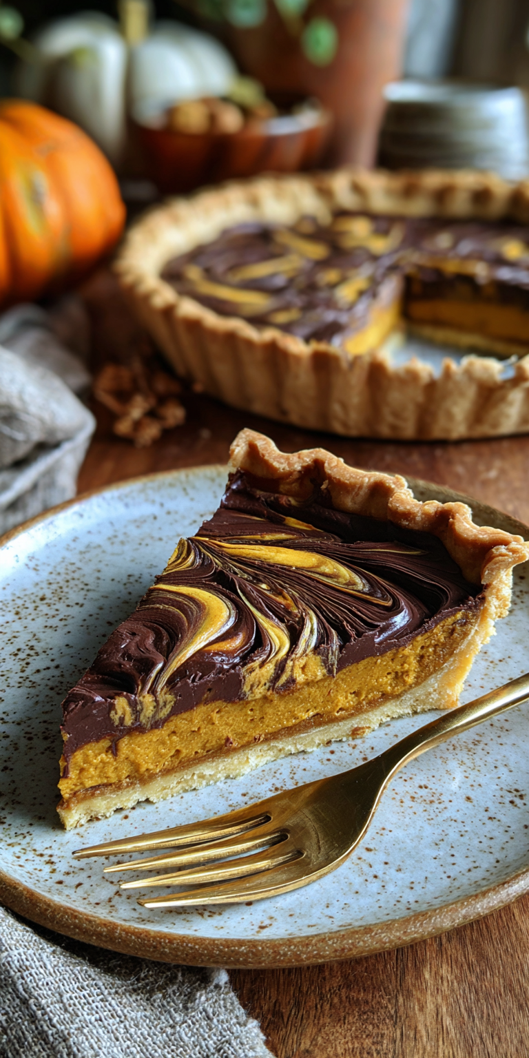 Velvet Chocolate Swirl Pumpkin Pie served warm with cozy spices