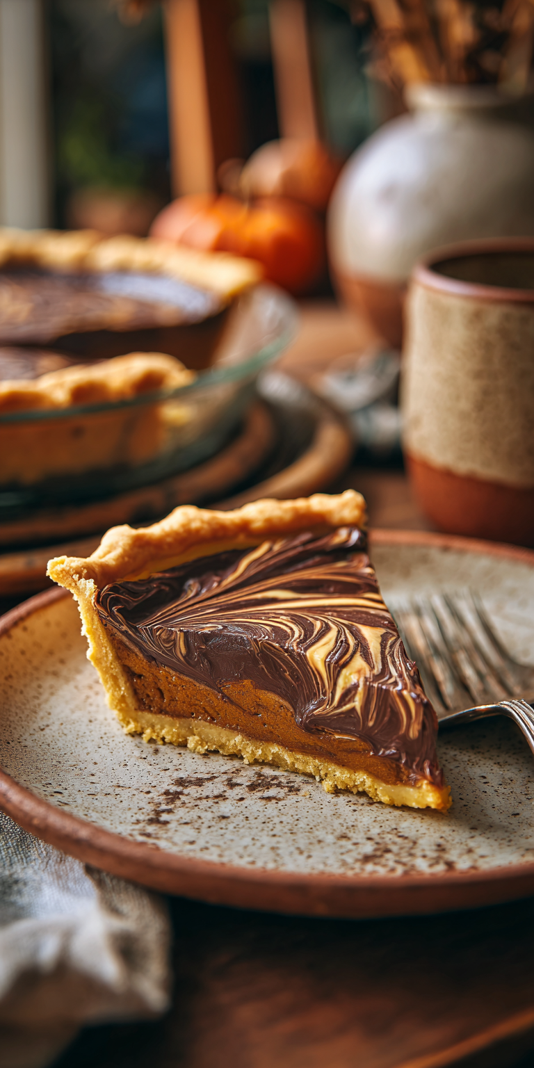 Velvet Chocolate Swirl Pumpkin Pie served warm with cozy spices