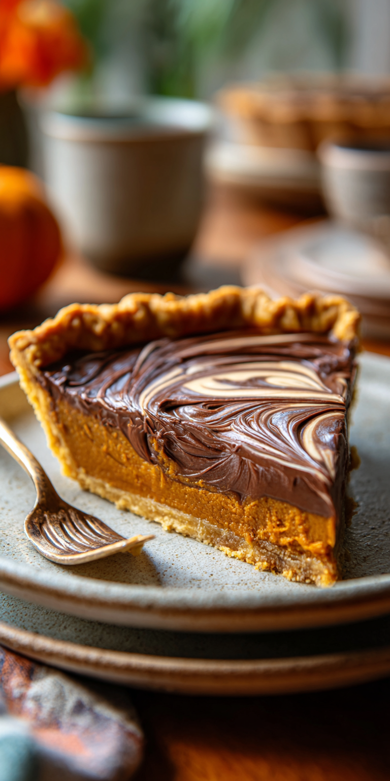 Velvet Chocolate Swirl Pumpkin Pie served warm with cozy spices