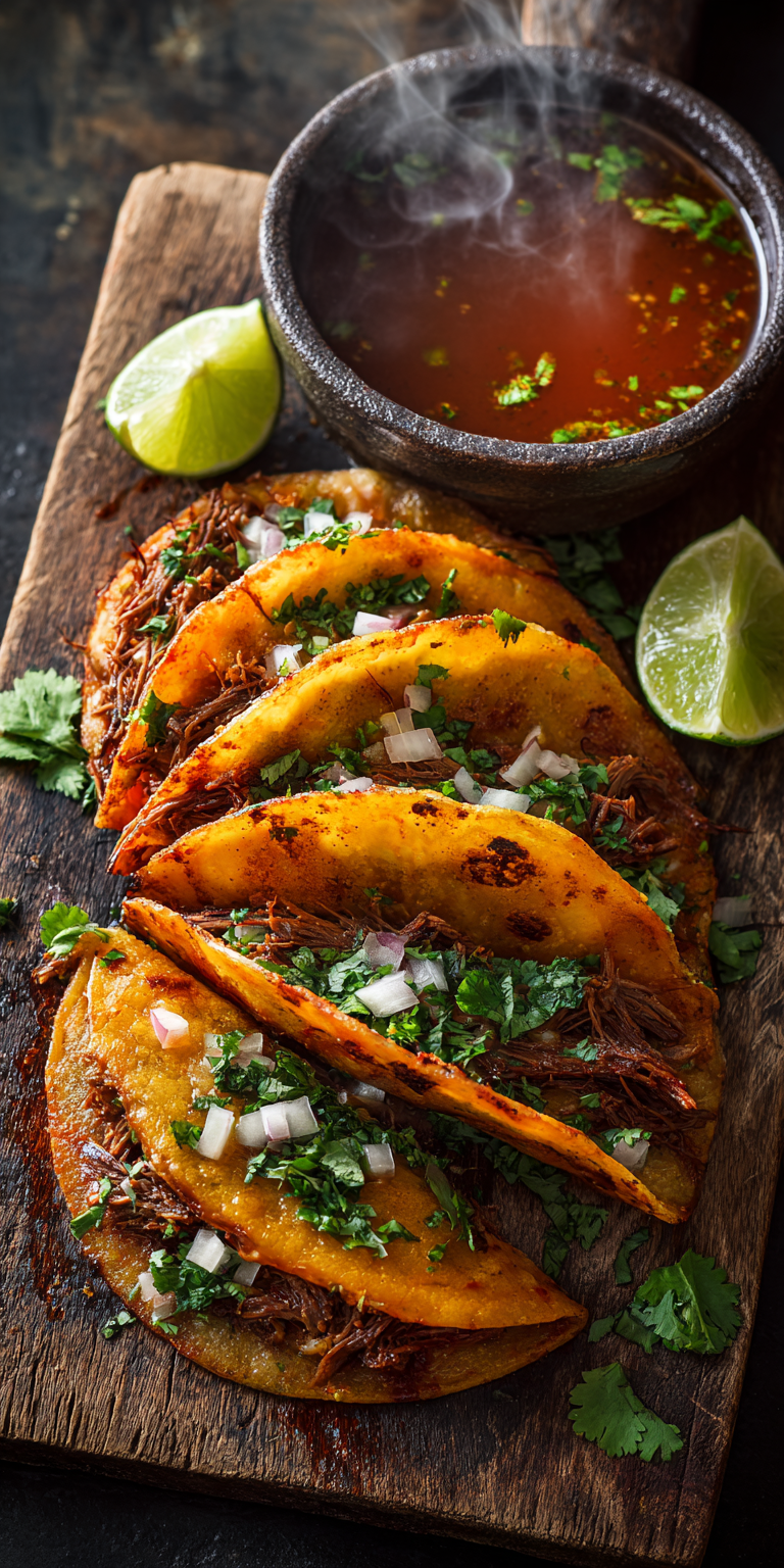 Delicious birria tacos served with consomé for dipping on a rustic table
