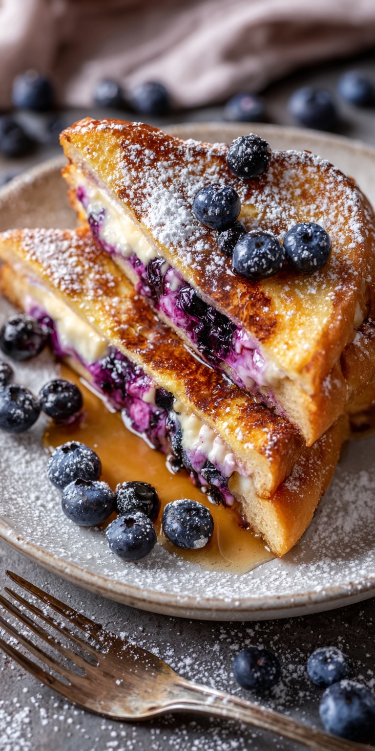 Blueberry Cheesecake Stuffed Toast with fresh berries and creamy filling