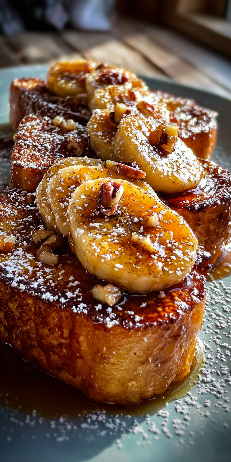 Caramelized Banana Foster French Toast served warm with cozy spices