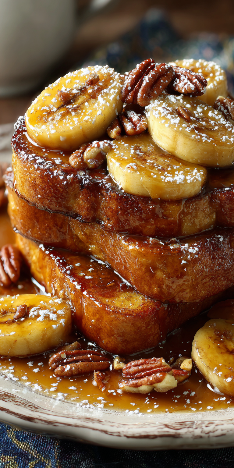 Caramelized Banana Foster French Toast served warm with cozy spices