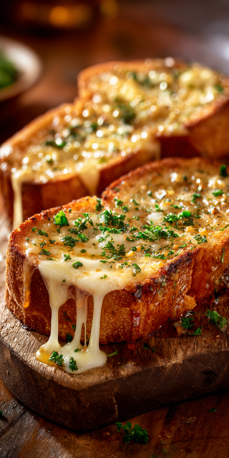 A slice of Cheesy Texas Toast with garlic butter and melted cheese, toasted to golden perfection