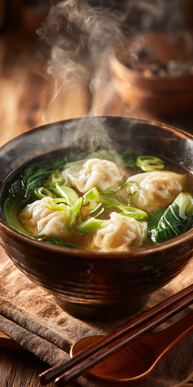 A steaming bowl of Chicken Wonton Soup with tender dumplings and fragrant broth