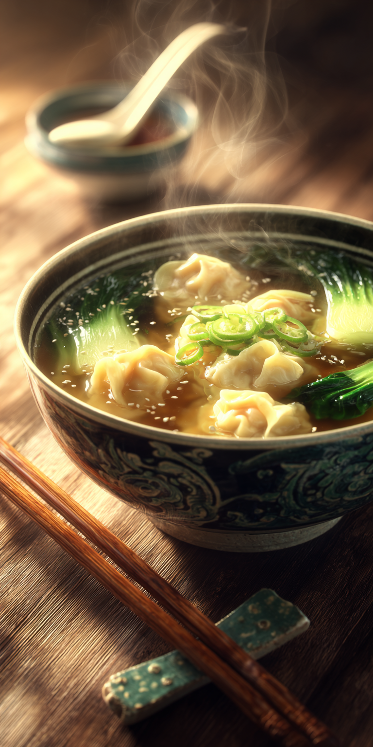 A steaming bowl of Chicken Wonton Soup with tender dumplings and fragrant broth