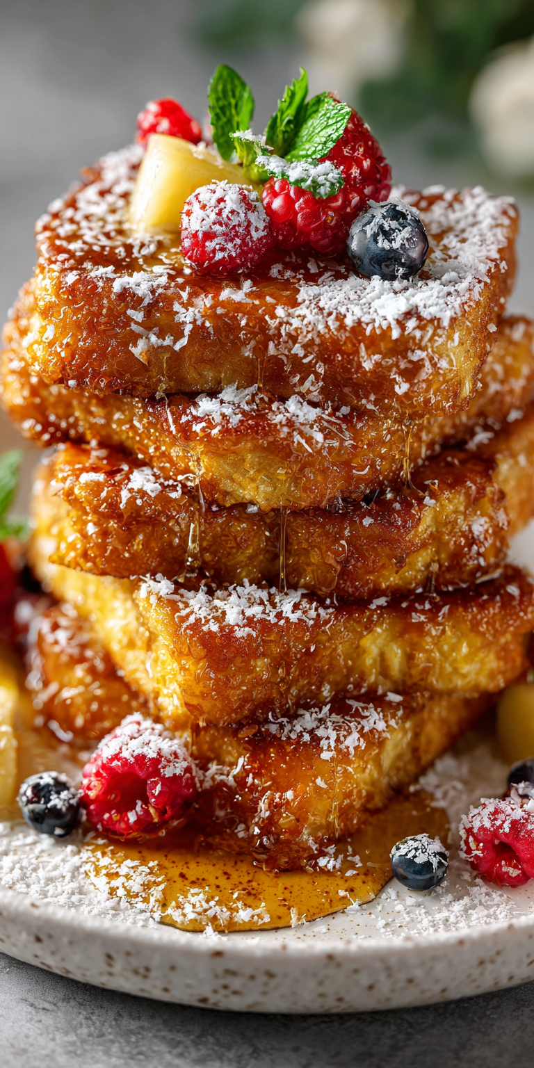 Close-up of Coconut Crunch Macaroon French Toast ingredients with shredded coconut and bread