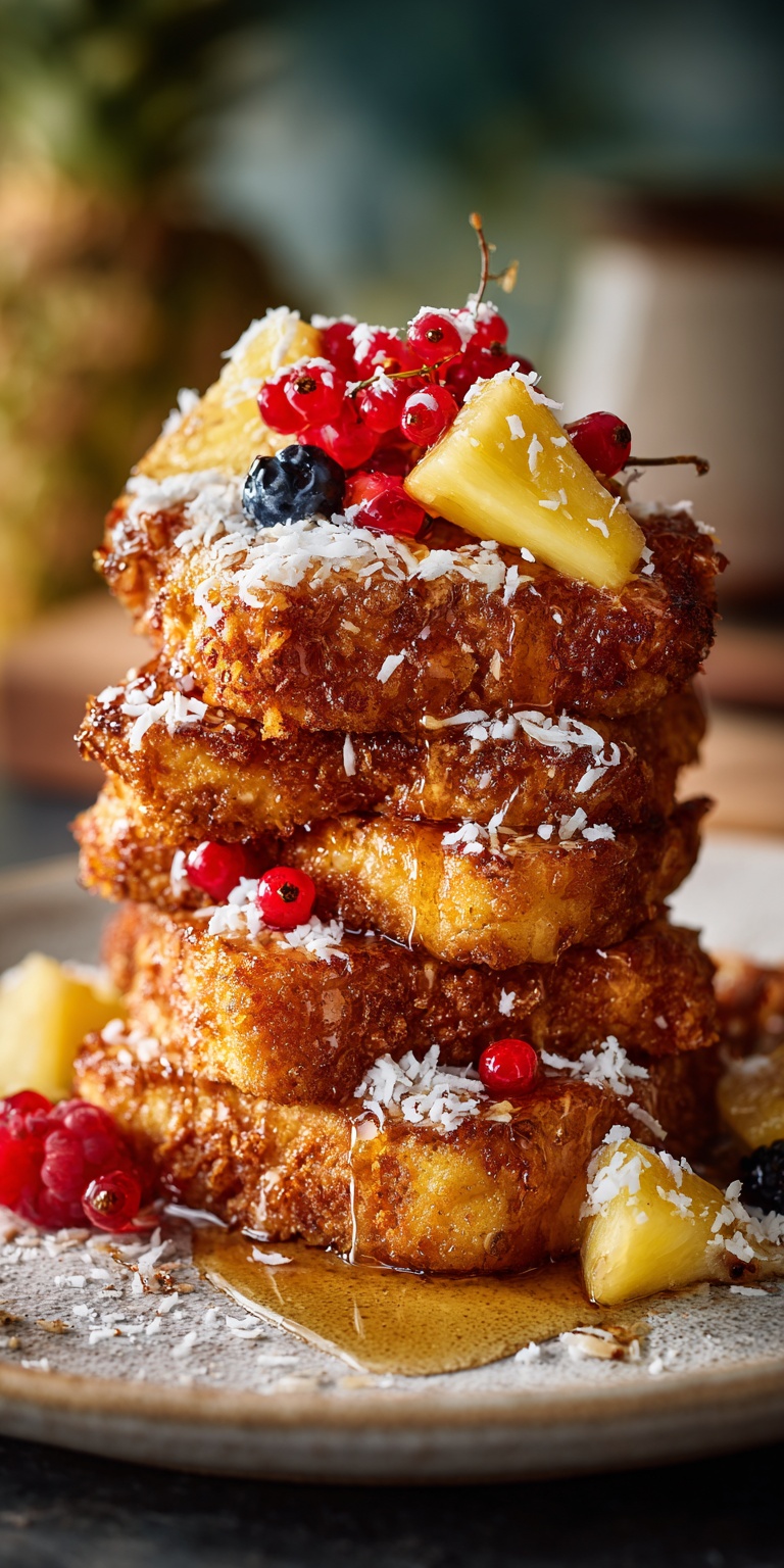 Coconut Crunch Macaroon French Toast with a crispy golden crust