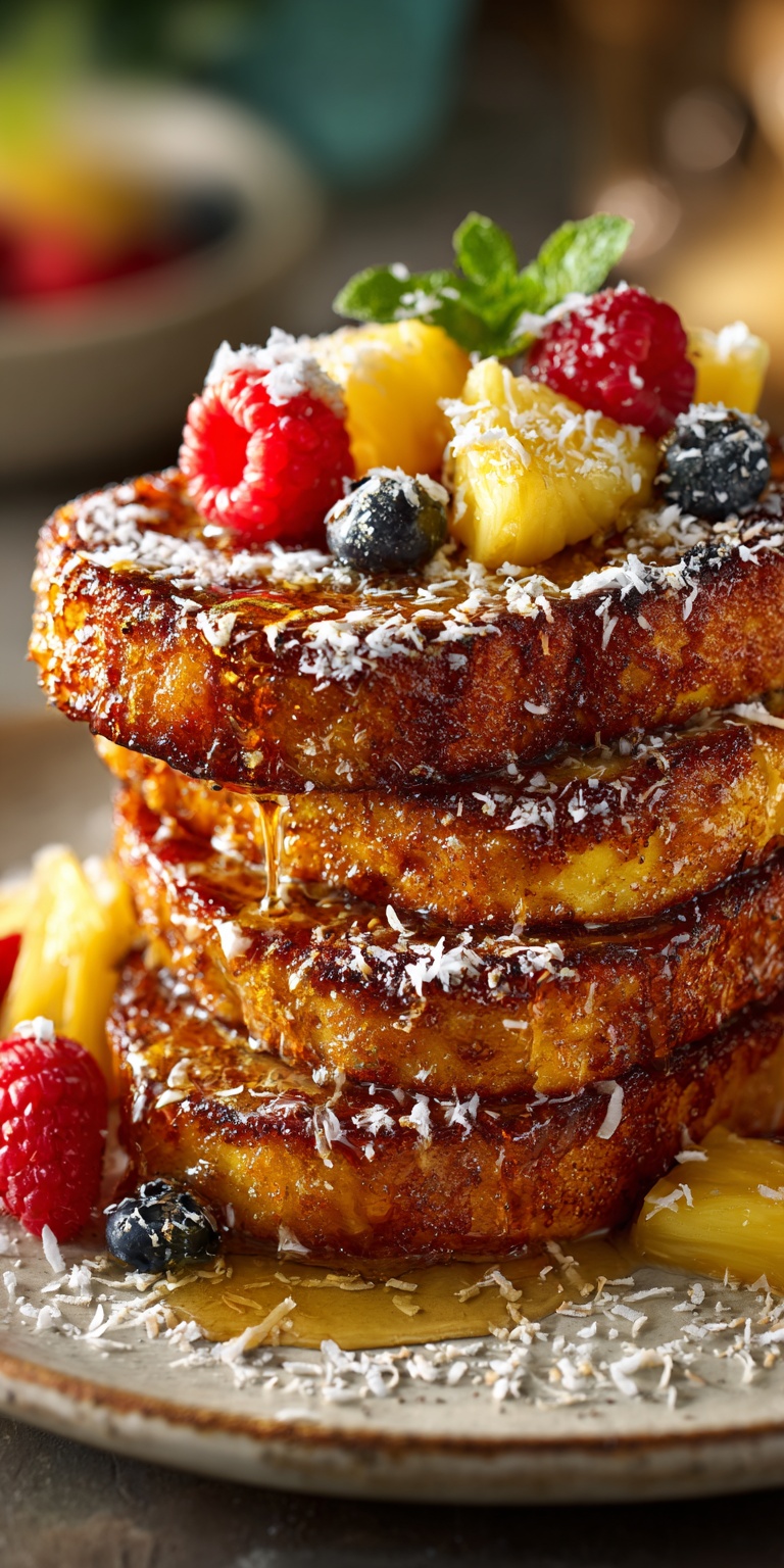 Coconut Crunch Macaroon French Toast with a golden, crispy coating