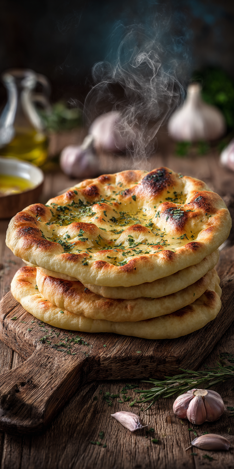 Freshly baked easy garlic pita bread with a golden crust