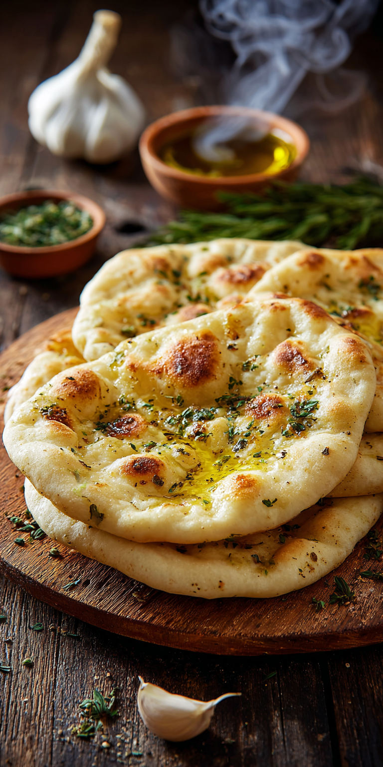 Freshly baked easy garlic pita bread with a golden crust