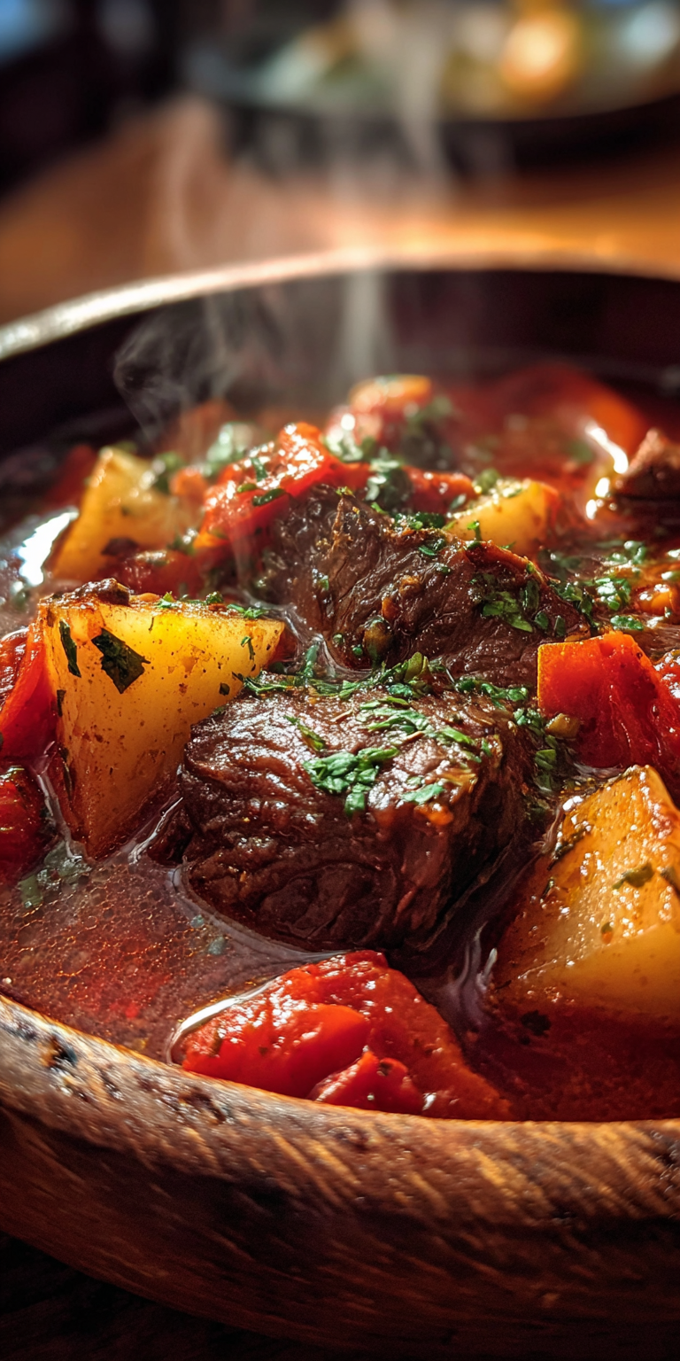 A collection of fresh components for Fire-Roasted Tomato Beef Stew, ready for slow cooking