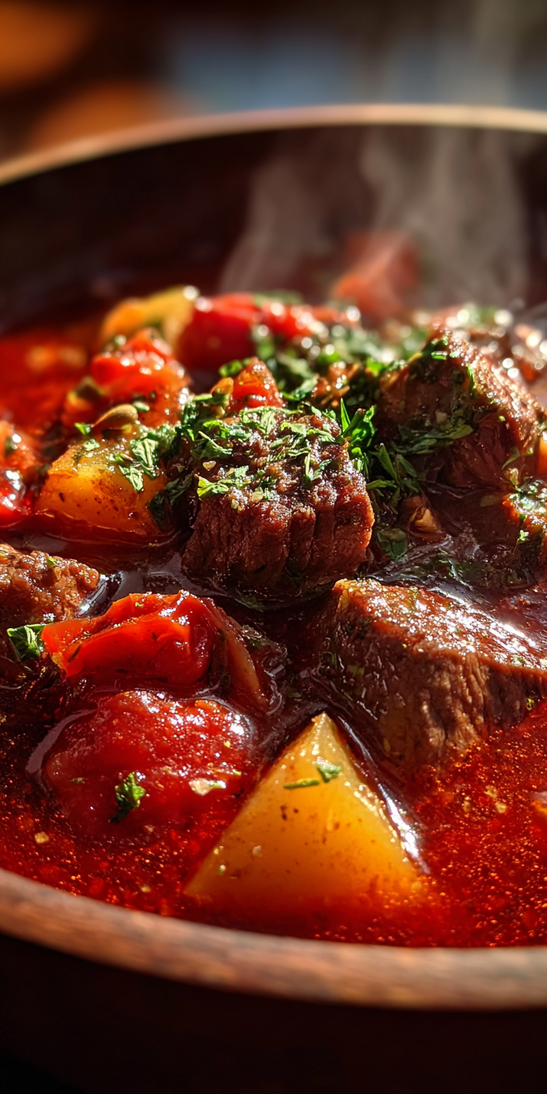 A hearty bowl of Fire-Roasted Tomato Beef Stew with tender beef and smoky tomatoes