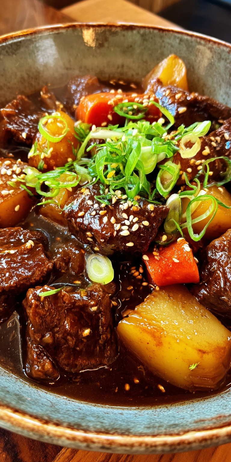 A hearty bowl of Ginger-Soy Beef Stew with tender beef and aromatic broth