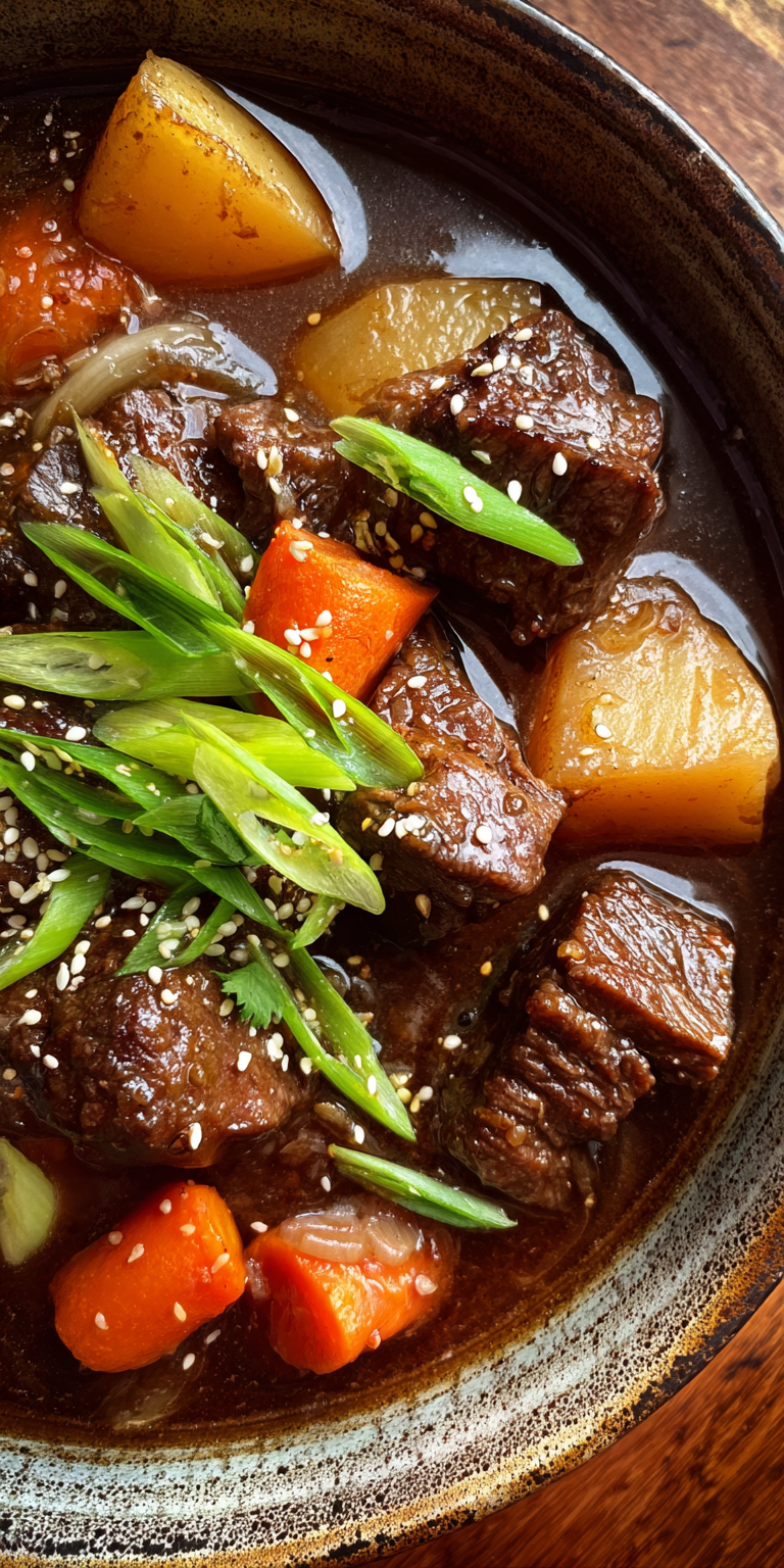 A hearty bowl of Ginger-Soy Beef Stew with tender beef and aromatic broth
