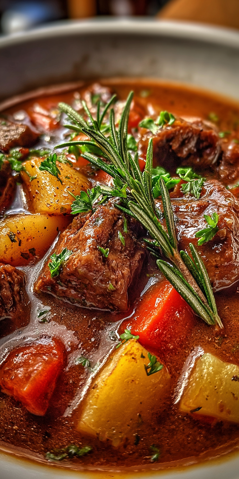 A collection of fresh herbs and vegetables for Herb Garden Beef Stew preparation