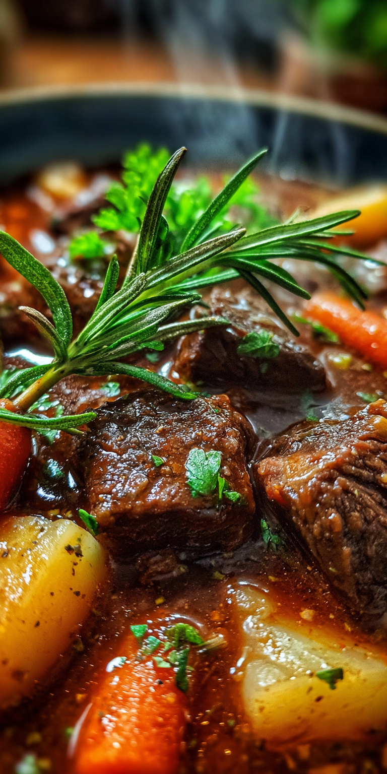 A bowl of Herb Garden Beef Stew with tender beef and vibrant vegetables