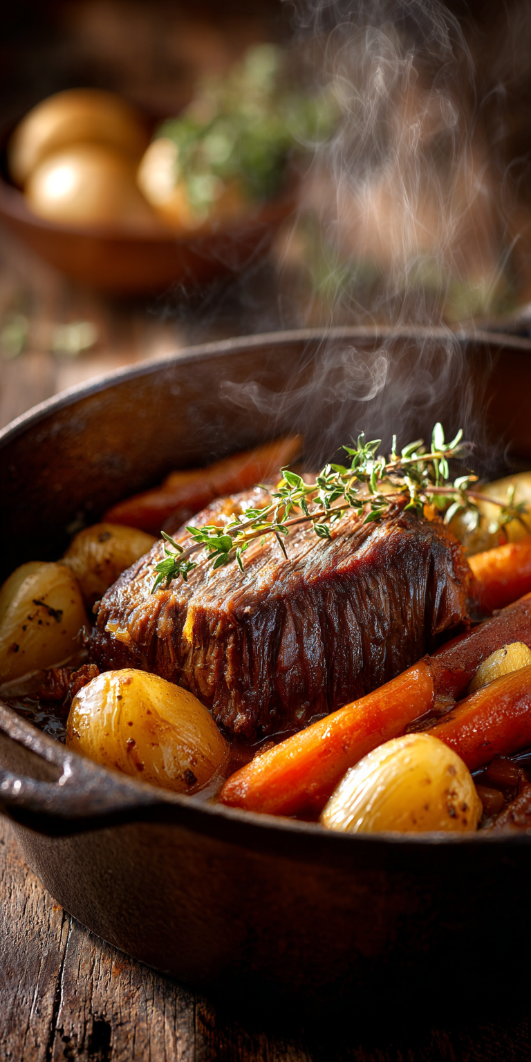 A tender Herbes de Provence Pot Roast with fragrant herbs and slow-cooked beef
