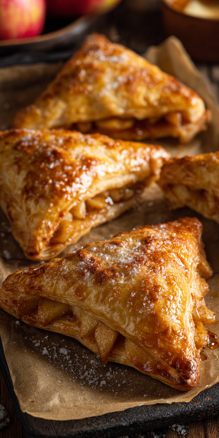 A plate of freshly baked Homemade Apple Turnovers with a golden, flaky crust