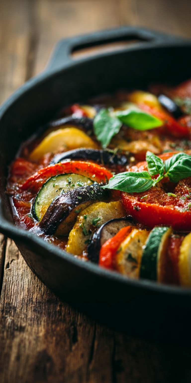 A colorful plate of Homemade Classic French Ratatouille with vibrant vegetables