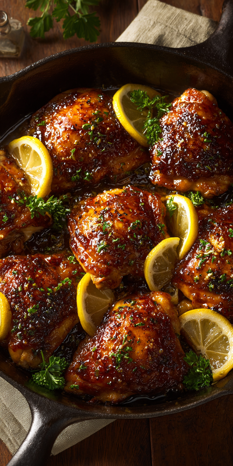 Honey Garlic Lemon Pepper Chicken Thighs with a glossy glaze on a plate